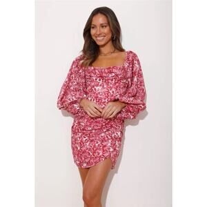 Angel Biba Pink Floral Mini Dress Size L Balloon Sleeves Ruched